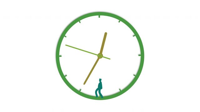 A man in a hurry during a work day race around the clock, then he stops exhusted in the end of the way.