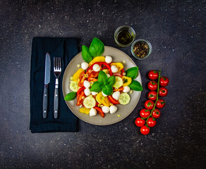 Salad with Tomatoes, Mozzarella, Cucumber, Paprika and Basil With Silverware, DishTowel, Olive Oil and Pepper on Dark Background 
