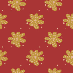 Simple flower bud daisy seamless pattern on red background. Cute doodle floral endless wallpaper.