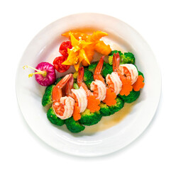 Broccoli stir fried with shrimp and carrots decorate