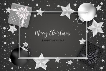 Christmas card with realistic gift boxes, stars, balls, and confetti in golden and black and silver colors. Merry Christmas and Happy New year typography.