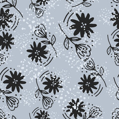 Fototapeta na wymiar Doodle black flower seamless pattern in line art style. Abstract floral wallpaper.