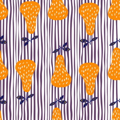 Doodle yellow pears seamless pattern on line background. Summer juicy fruit wallpaper.