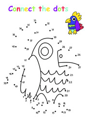 Connect the dots stock vector illustration. Cartoon parrot dot to dot puzzle for kids. Learning numbers and counting to 50 preschool activity. Funny pirate pet game workksheet. Kindergarten coloring.