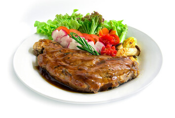 Beef steak with gravy sauce  decorate fresh rosemary