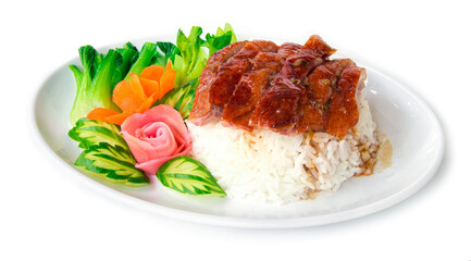 Roasted duck on rice with sweet sauce fusion food