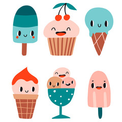 Summer set with 6 Ice cream with smiling faces