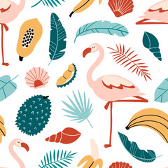Seamless pattern with simple hand drawn  elements: flamingo, palm tree leaves, sea shells