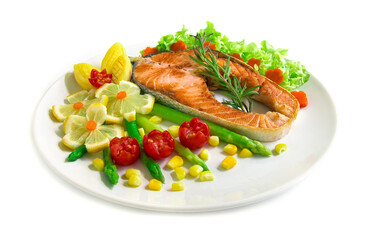 Roasted Salmon steak fusion food with asparagus
