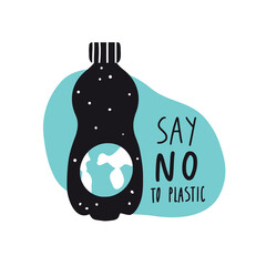 Say no to plastic slogan. Earth and universe inside bottle