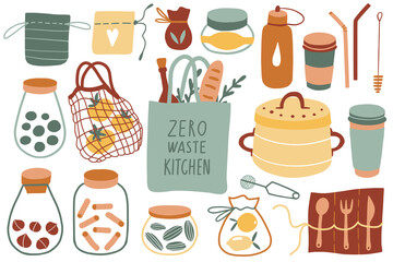 Zero waste kitchen. Cute eco lifestyle elements