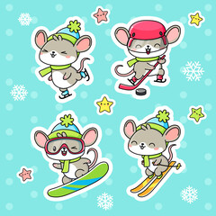 Cute cartoon rats. Sticker coollection. Kawaii vector set. Winter sports. 