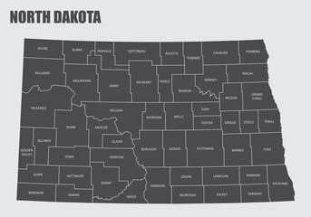 The North Dakota State County Map with labels - obrazy, fototapety, plakaty