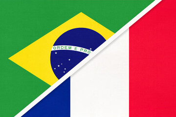 Brazil and France, symbol of national flags from textile. Championship between two countries.
