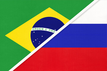 Brazil and Russia, symbol of national flags from textile. Championship between two countries.