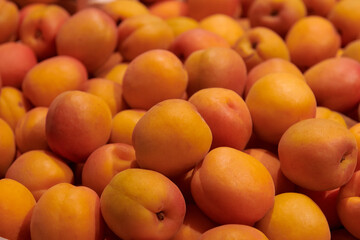 A bunch of ripe peaches. Delicious fresh fruits at the market. Fruits background with warm light.