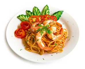 Spaghetti Bolognese with tomato sauce and shrimp decorate carved cucumber  and skin tomato style traditional Italian cuisine fusion food side view  isolated on white background