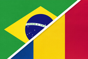Brazil and Romania, symbol of national flags from textile. Championship between two countries.
