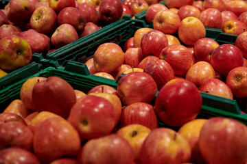 A bunch of ripe red and yellow apples in the green containers at the market. Delicious fresh fruits at the grocery store. Fruits harvesting.