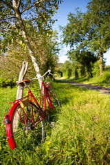 Vieux vélo rouge en campagne sur le bord d'une route.
