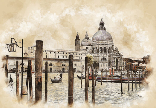 Canal Grande and Basilica di Santa Maria della Salute, Venice, Italy, sketch drawing