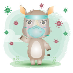 cute rhino using face shield and mask.  Covid-19,  coronavirus vector illustration