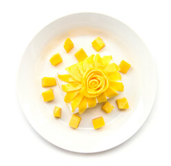 Milk Cake and cream with Mango flower shape carved style the best dessert or bakery popular on summer in Thailad top view isolated on white background