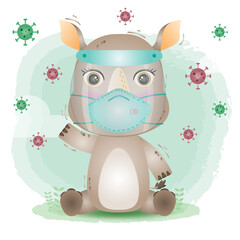 cute rhino using face shield and mask.  Covid-19,  coronavirus vector illustration