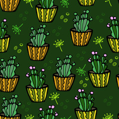 Pattern with cacti in pots. Flowers in pots. Cacti with flowers. Bright floral pattern of cacti. Vector illustration in the style of doodles, cartoons, flat.