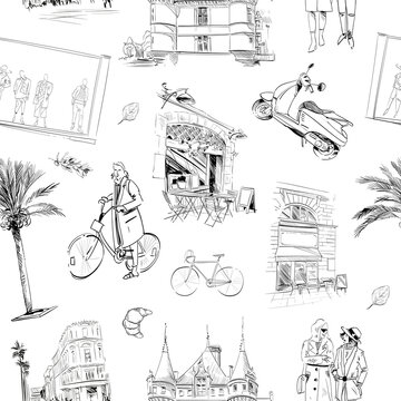 Seamless pattern landmarks and cafes of France. Place mat template design. Hand drawn sketch vector illustration. 