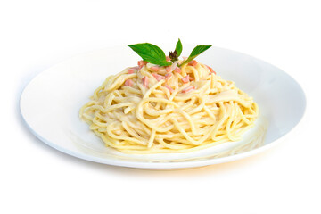 Spaghetti carbonara onion and mushroom cream sauce