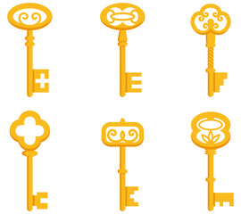 Set of vintage keys. Gold keys in cartoon style.