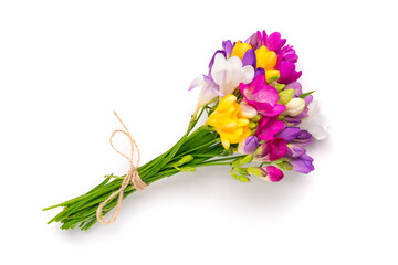 Bouquet of sprig freesia flowers isolated on white background Floral holiday card Top view Flat lay