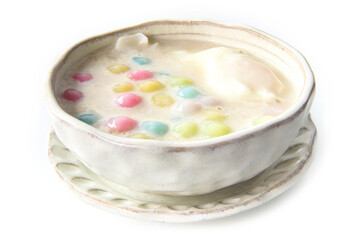 Thai dessert (Bua Loi) Thai glutinous rice rainbow ball with sweet egg in coconut milk and sugar