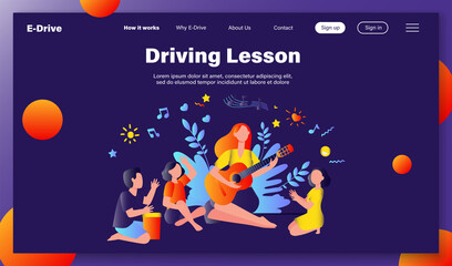 Group of kids clapping hands at their teacher playing guitar. Children enjoying music class outdoors. Can be used for daycare, education, musical school concepts