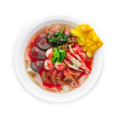 Pink Noodles Soup (Yen Ta Fo) served with Fish balls