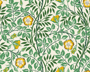 Vintage floral seamless pattern background with yellow roses and foliage on light background. Vector illustration. - obrazy, fototapety, plakaty
