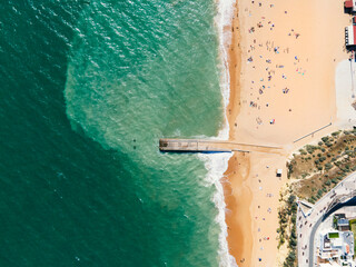 Aerial view of pier and beach in Albufeira, Portugal