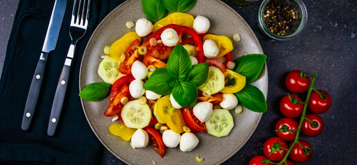 Salad with Tomatoes, Mozzarella, Cucumber, Paprika and Basil With Silverware, DishTowel, Olive Oil and Pepper on Dark Background