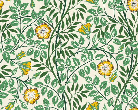 Vintage floral seamless pattern background with yellow roses and foliage on light background. Vector illustration.