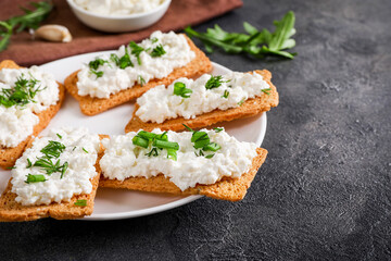 Healthy and tasty snack with crispy bread, cottage cheese and herb