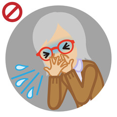 Coughing senior woman covered mouth by hands - circular icon , cartoon style
