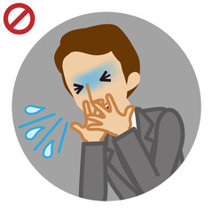 Coughing businessman covered mouth by hands - circular icon , cartoon style