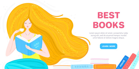 Vector background with redheaded girl with pile of books and cup of tea. Bookworm. Woman sitting and reading. Landing page for library, bookstore, publishing house. Banner, mailing, poster