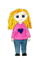 Hand drawn cartoon girl. Cute beautiful doll with heart on clothes. Young lady illustration. Feminism, women, girl power. Creative print
