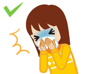 Coughing toddler girl covered mouth by a handkerchief - waist up , cartoon style