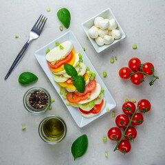 Salad with Tomatoes, Mozzarella, Cucumber, Paprika and Basil With Olive Oil and Pepper on White Background