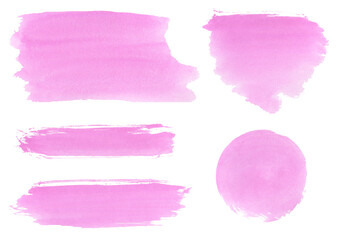 Set of watercolor spots brushstrokes isolated on a white background pink pastel colors hand painted