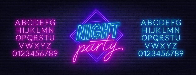 Neon lettering Night party on brick wall background. Bright glowing sign. Neon alphabet. Template for design.