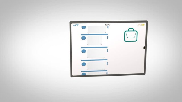 Abstract social media friends. Cartoon 2d animation showing a modern ipad with list of contact profiles over light background.